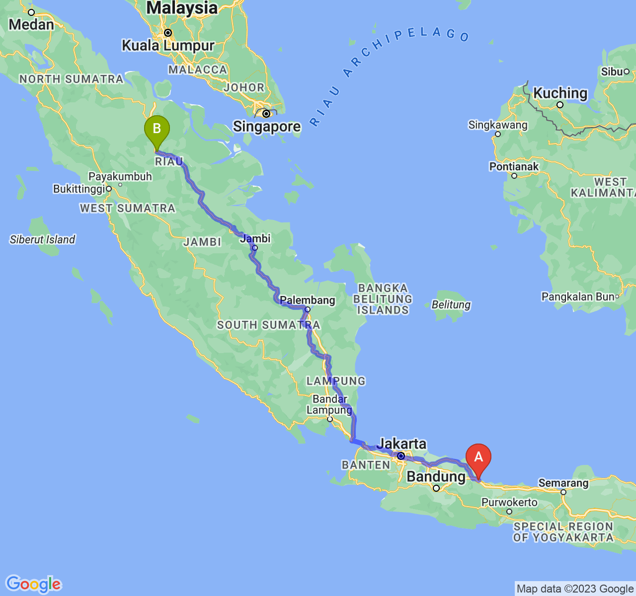 rute perjalanan Kota Cirebon-Kota Pekanbaru