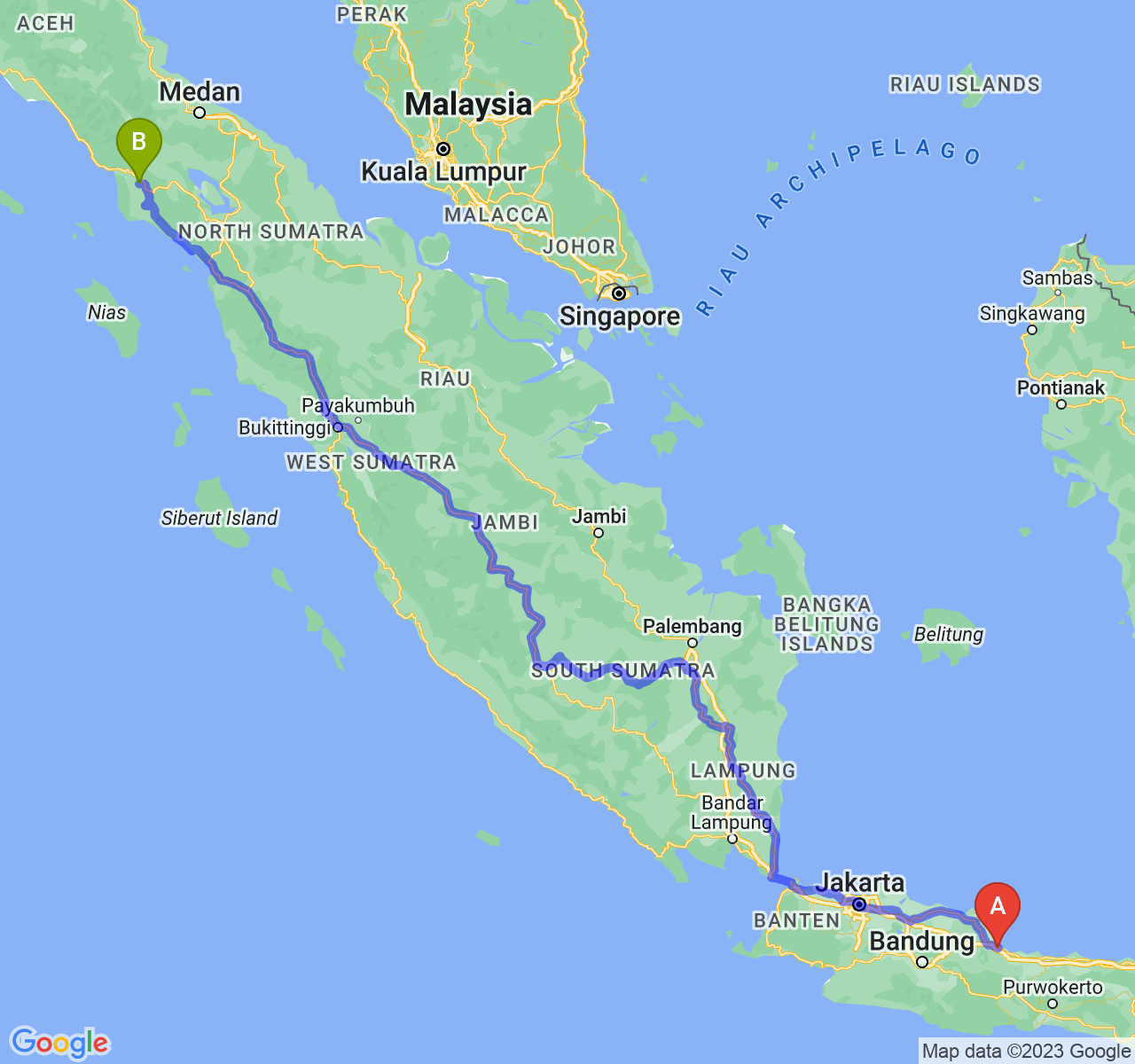 rute perjalanan Kota Cirebon-Kota Subulussalam