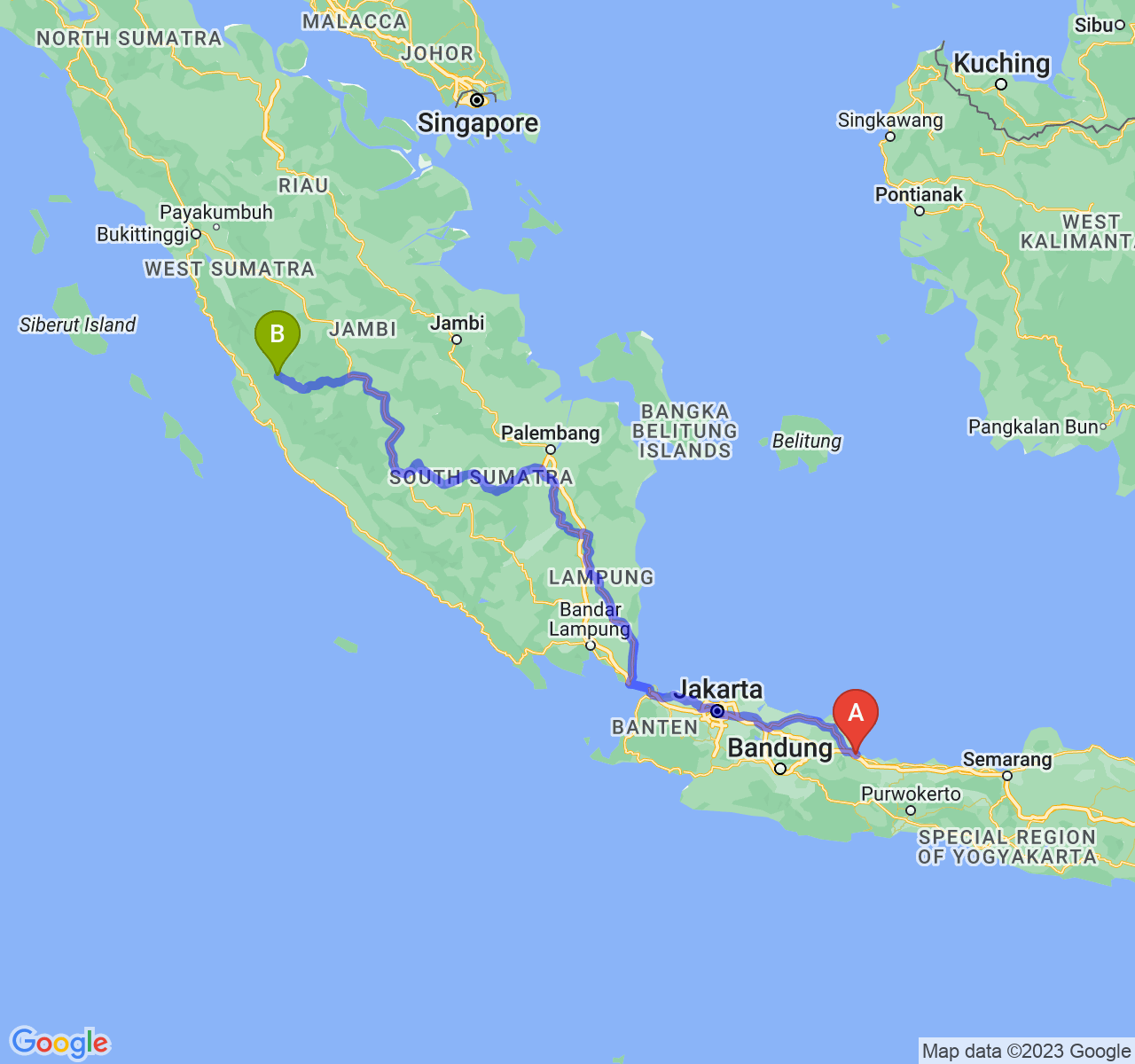 rute perjalanan Kota Cirebon-Kota Sungai Penuh