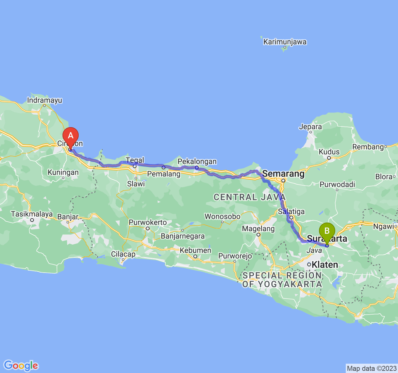 rute perjalanan Kota Cirebon-Kota Surakarta