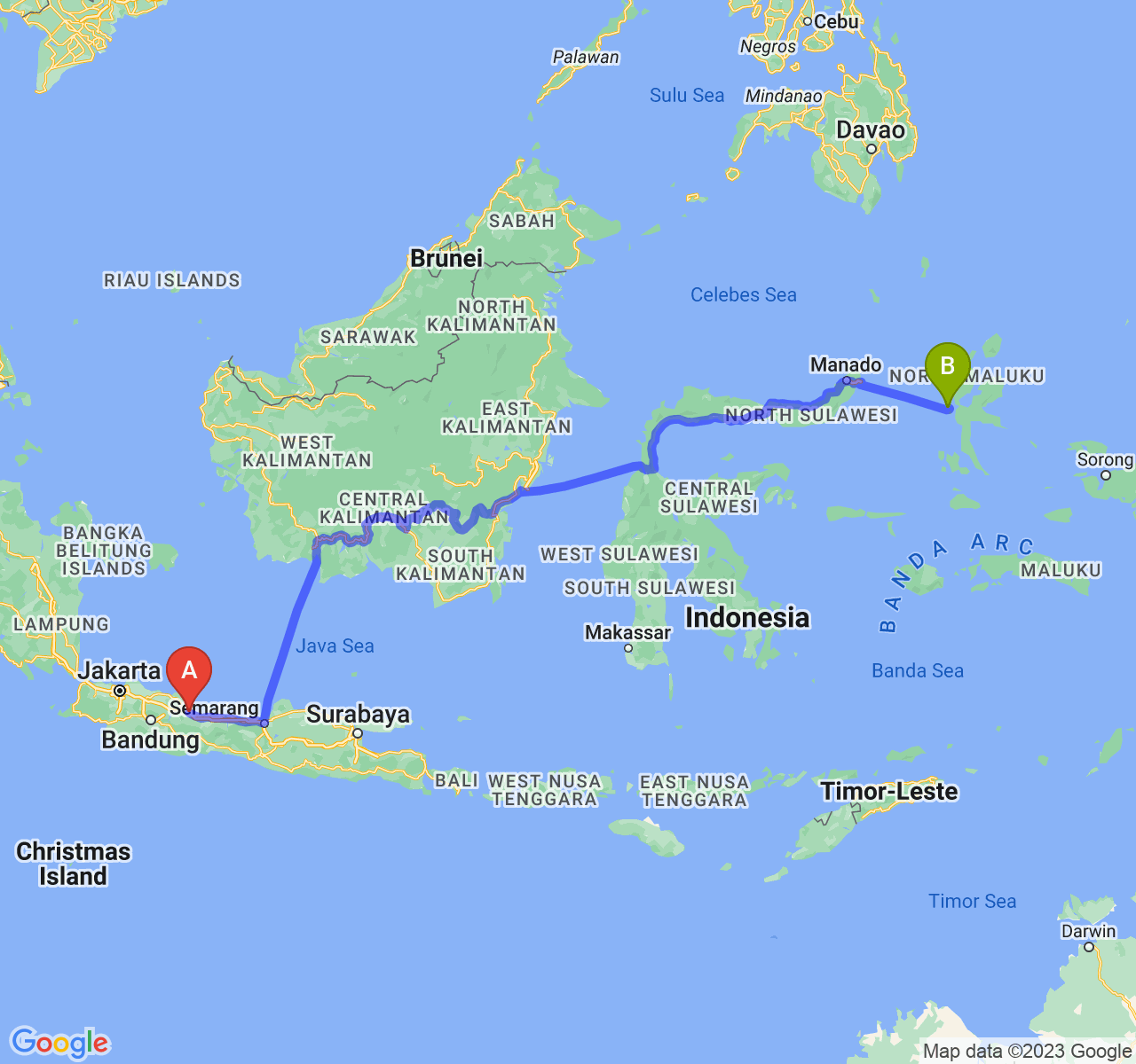 rute perjalanan Kota Cirebon-Kota Ternate