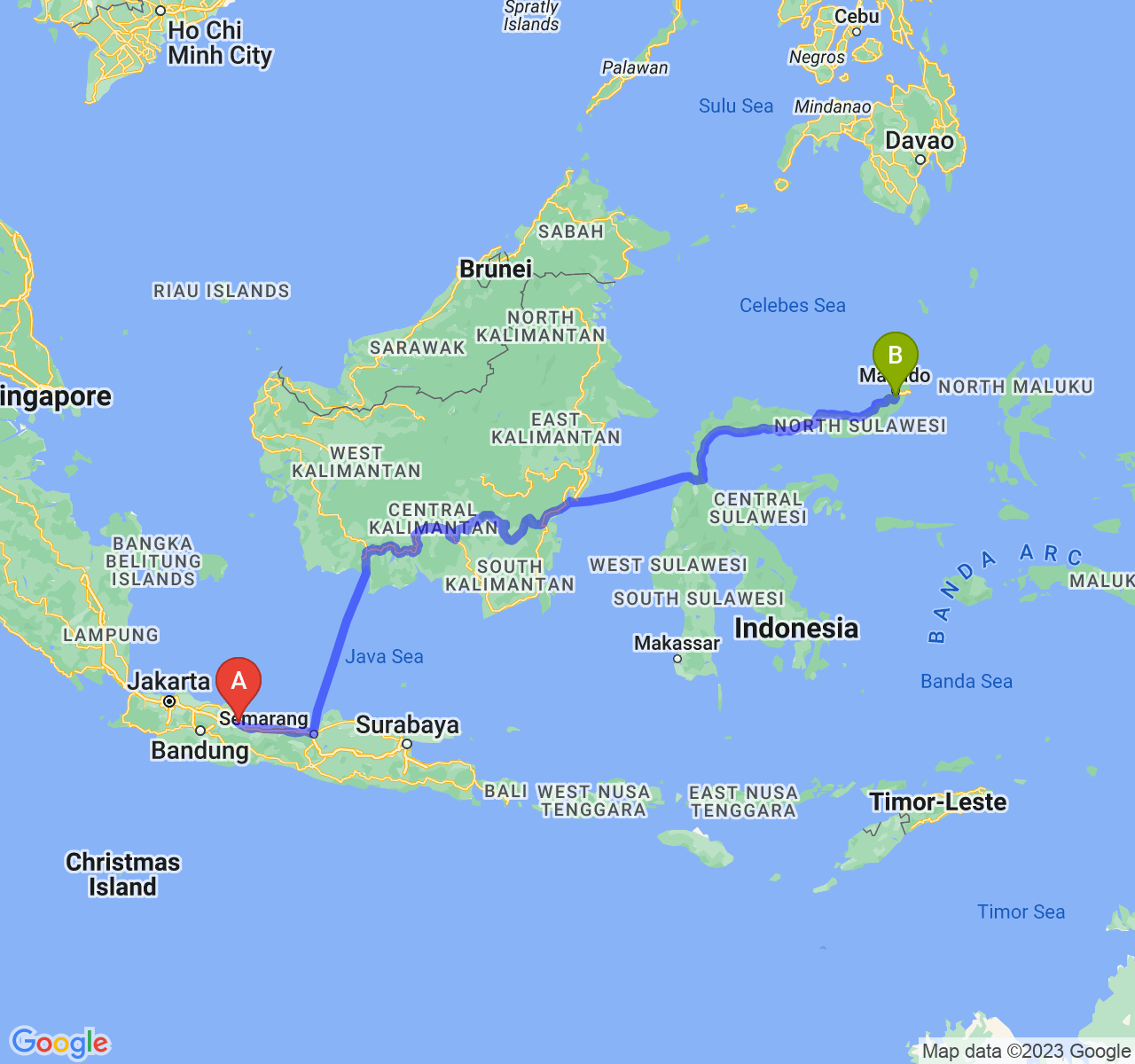 rute perjalanan Kota Cirebon-Kota Tomohon