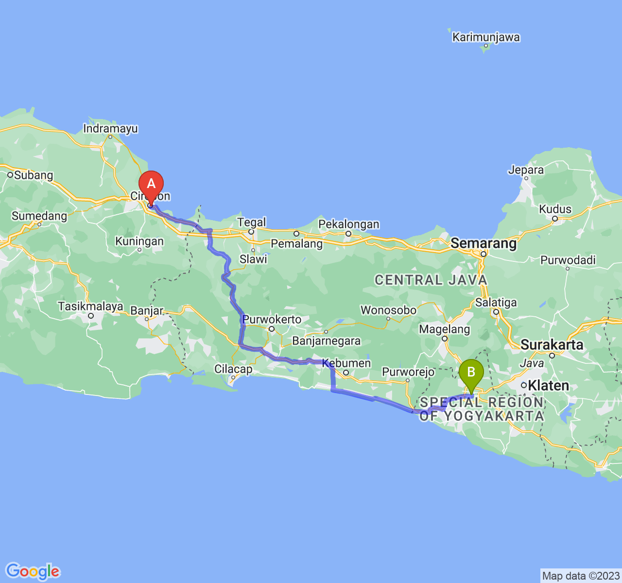 rute perjalanan Kota Cirebon-Kota Yogyakarta