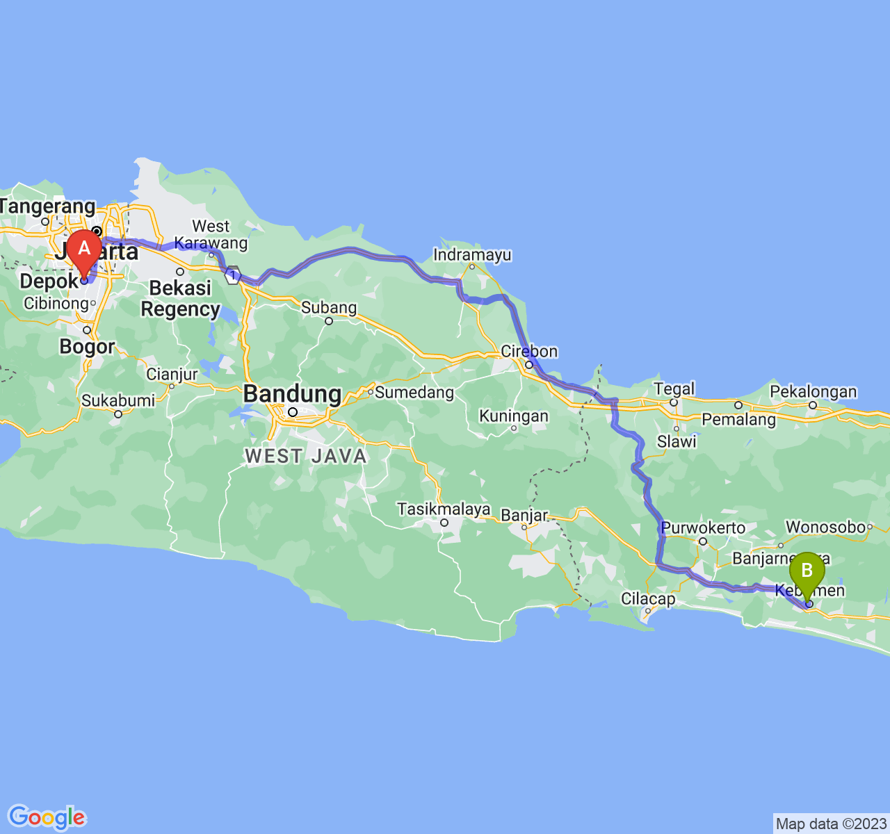 rute perjalanan Kota Depok-Kab. Kebumen