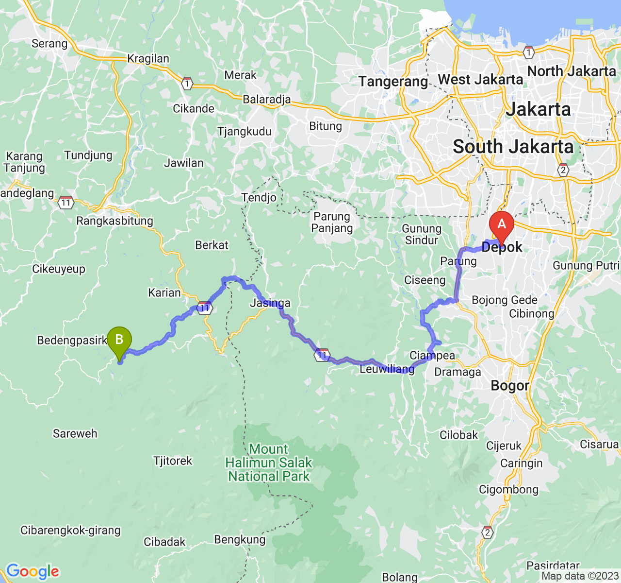 rute perjalanan Kota Depok-Kab. Lebak