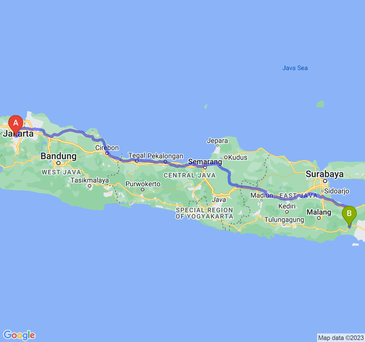 rute perjalanan Kota Depok-Kab. Lumajang