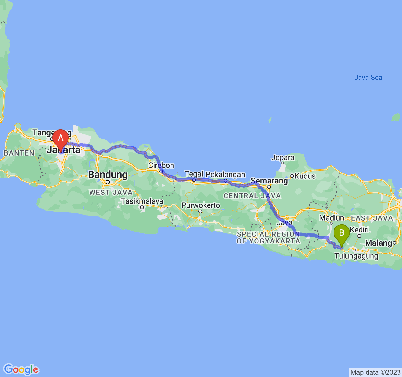 rute perjalanan Kota Depok-Kab. Trenggalek