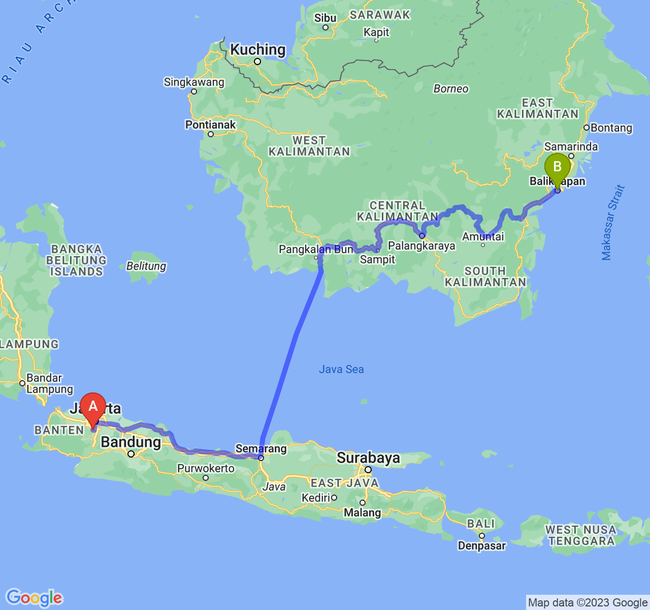 rute perjalanan Kota Depok-Kota Balikpapan