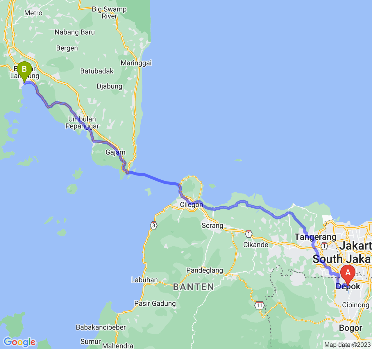 rute perjalanan Kota Depok-Kota Bandar Lampung