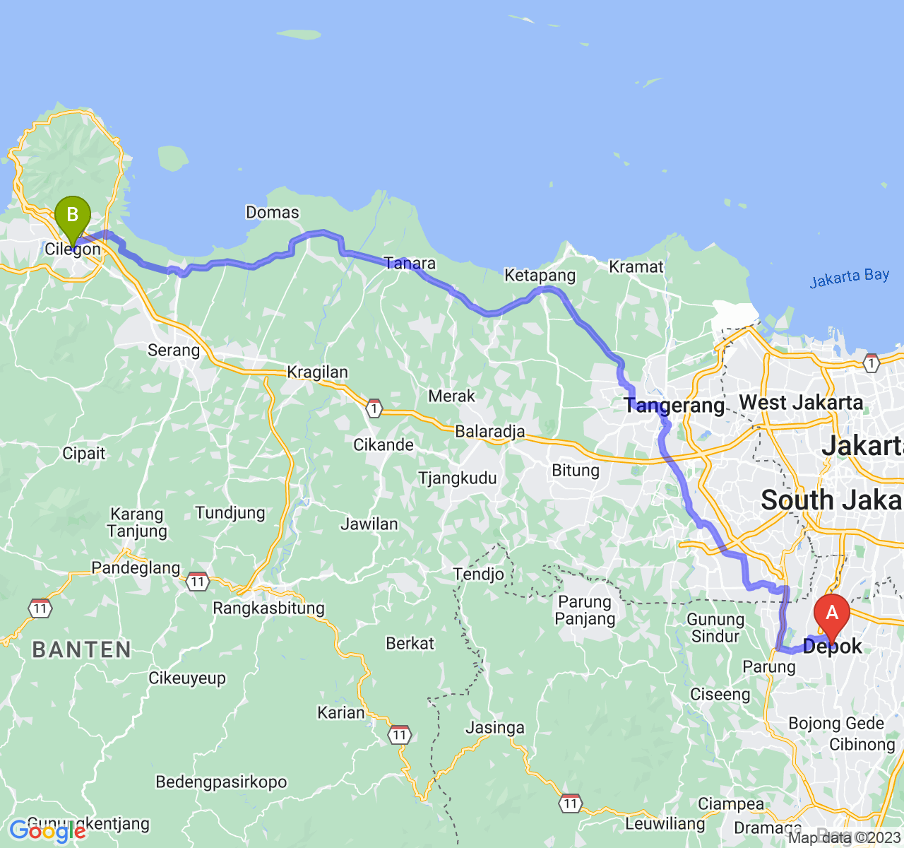 rute perjalanan Kota Depok-Kota Cilegon