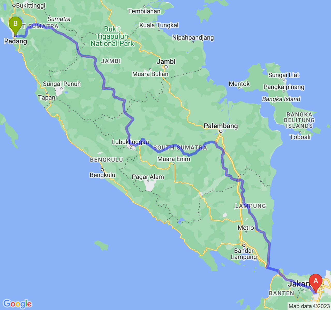 rute perjalanan Kota Depok-Kota Padang