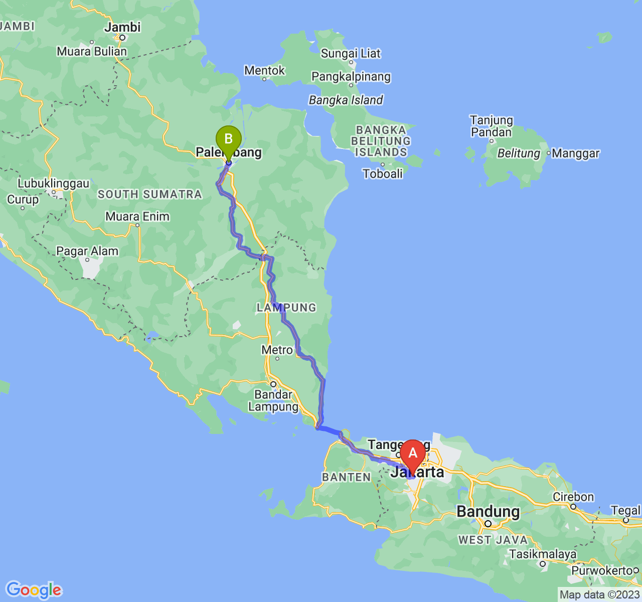 rute perjalanan Kota Depok-Kota Palembang