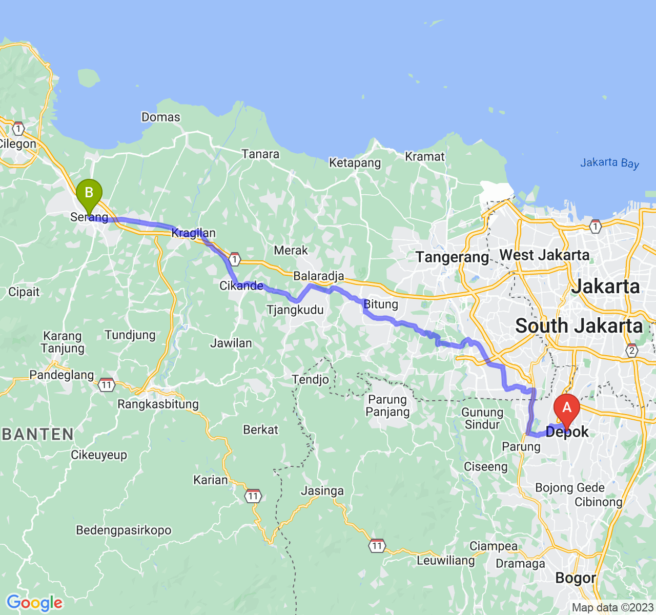 rute perjalanan Kota Depok-Kota Serang