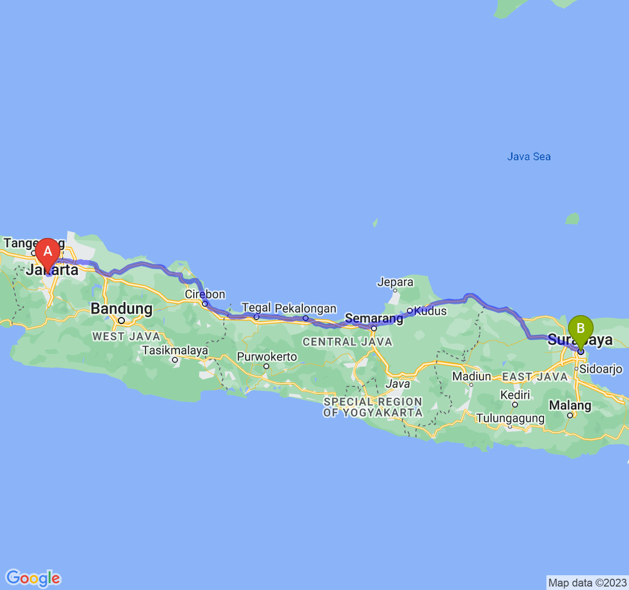 rute perjalanan Kota Depok-Kota Surabaya