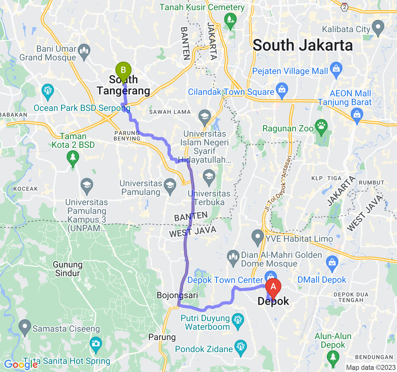 rute perjalanan Kota Depok-Kota Tangerang Selatan