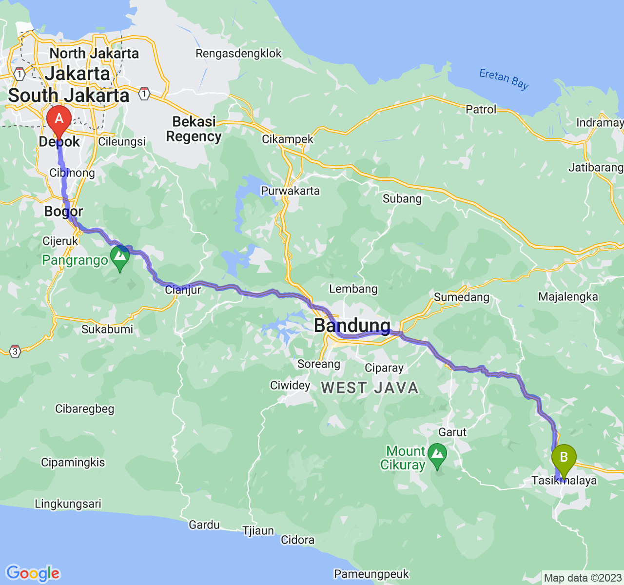 rute perjalanan Kota Depok-Kota Tasikmalaya