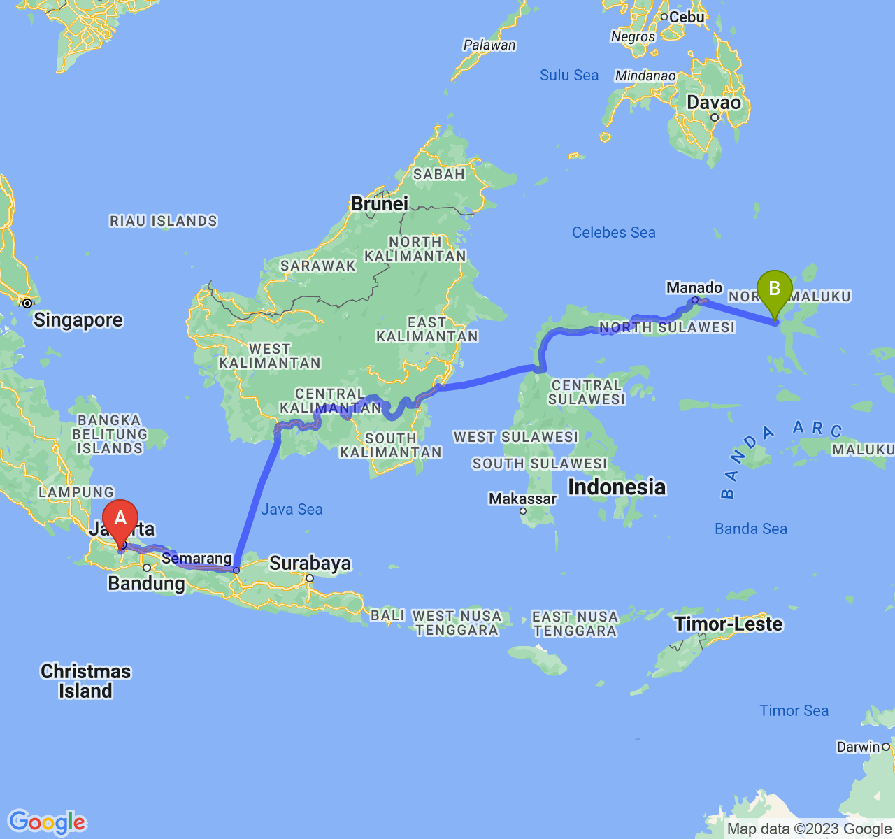 rute perjalanan Kota Depok-Kota Ternate