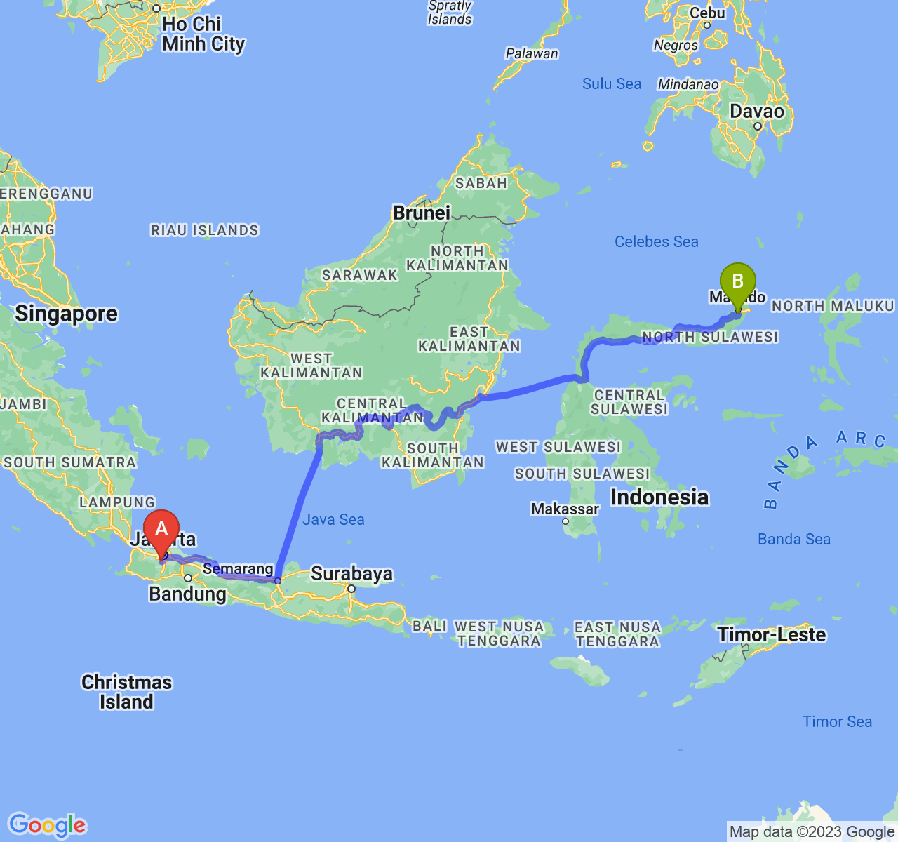 rute perjalanan Kota Depok-Kota Tomohon