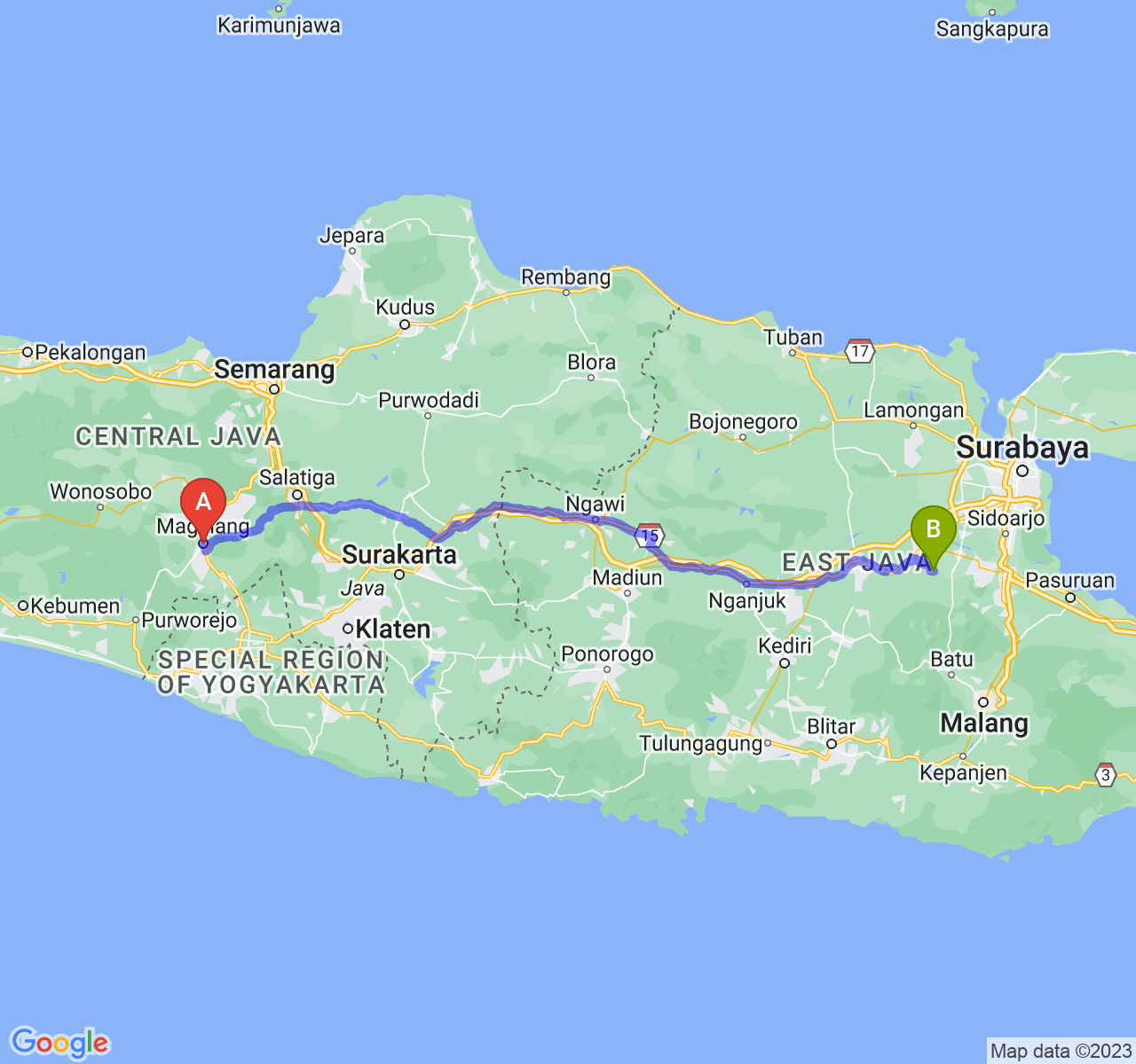 rute perjalanan Kota Magelang-Kab. Mojokerto