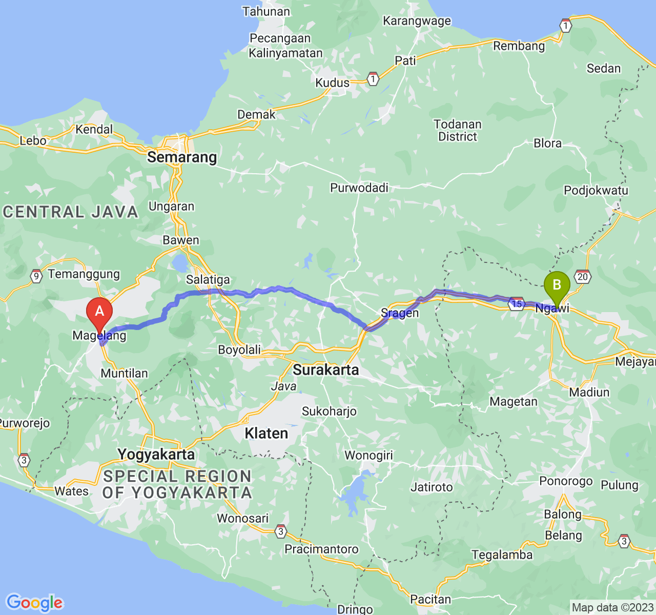 rute perjalanan Kota Magelang-Kab. Ngawi