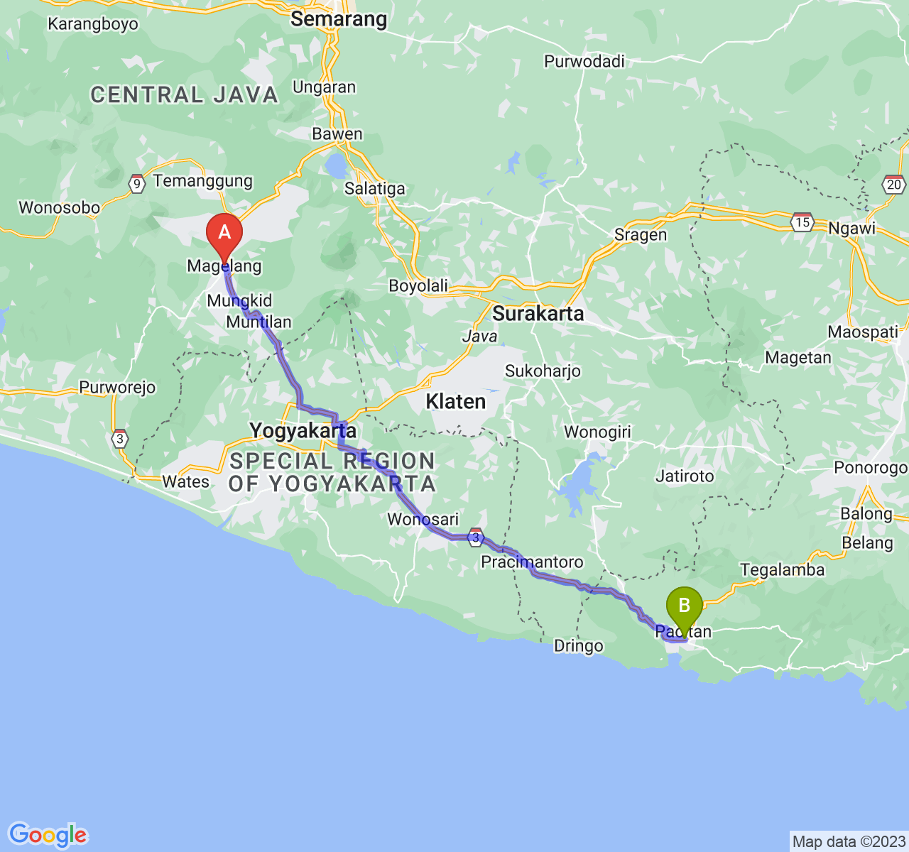 rute perjalanan Kota Magelang-Kab. Pacitan