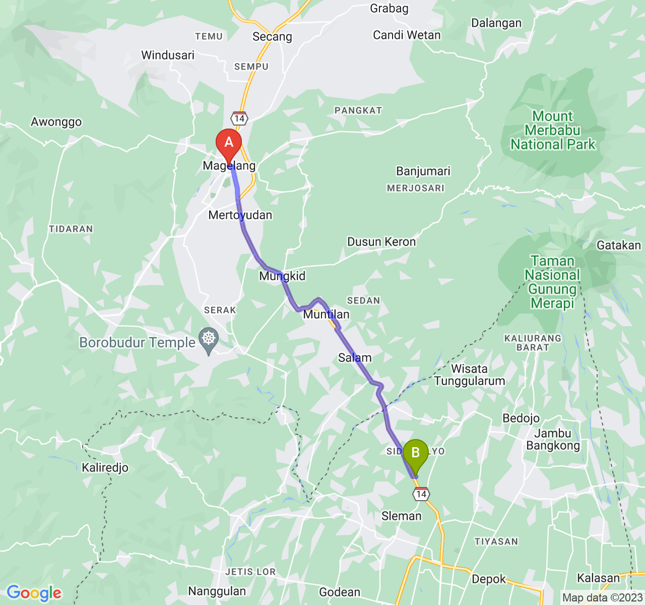 rute perjalanan Kota Magelang-Kab. Sleman