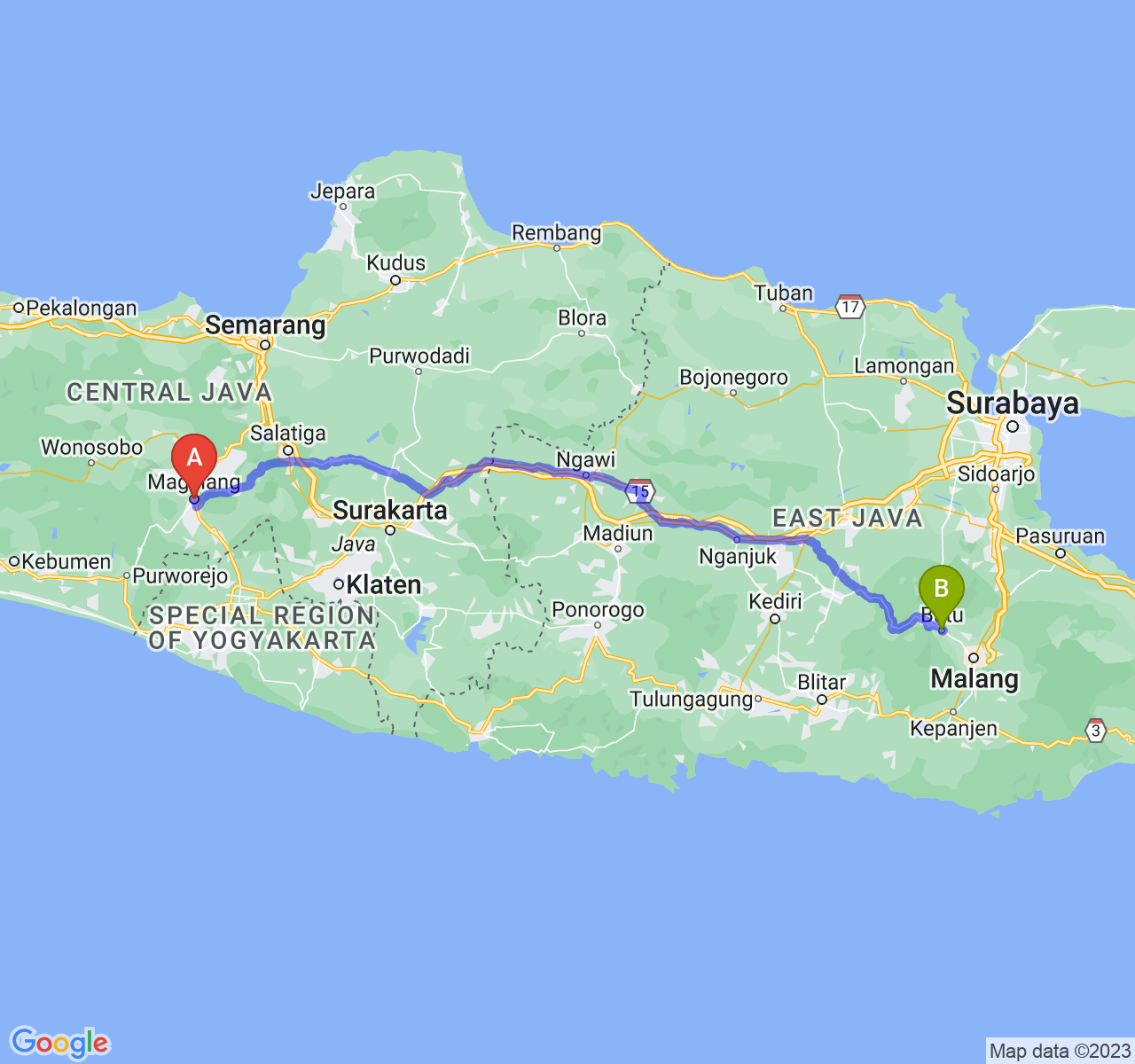 rute perjalanan Kota Magelang-Kota Batu