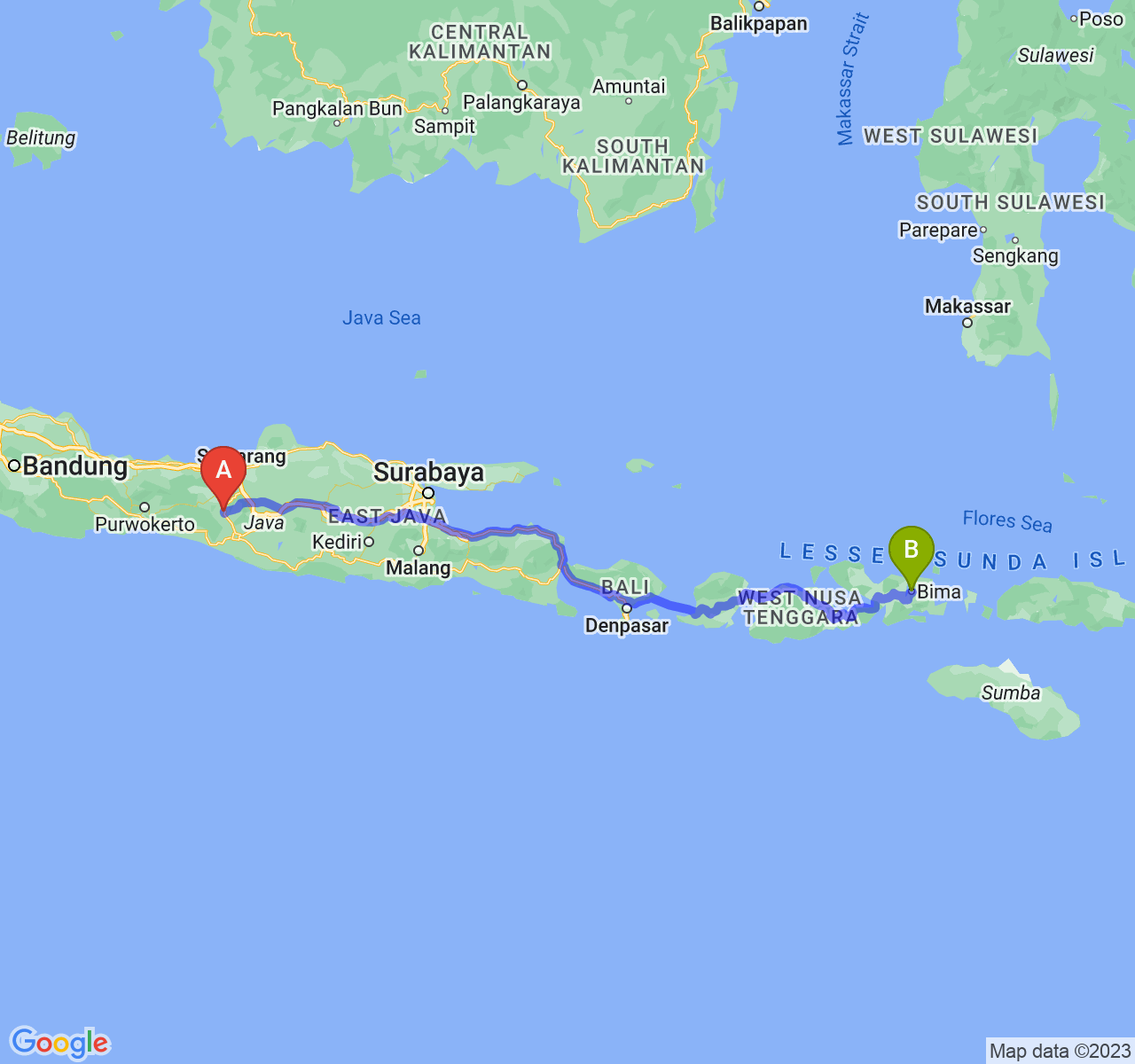 rute perjalanan Kota Magelang-Kota Bima