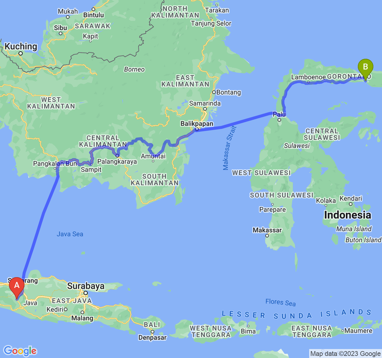 rute perjalanan Kota Magelang-Kota Gorontalo