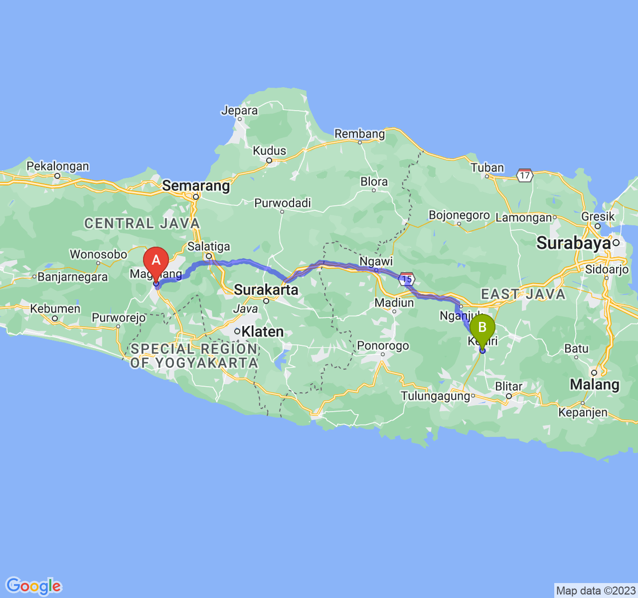 rute perjalanan Kota Magelang-Kota Kediri