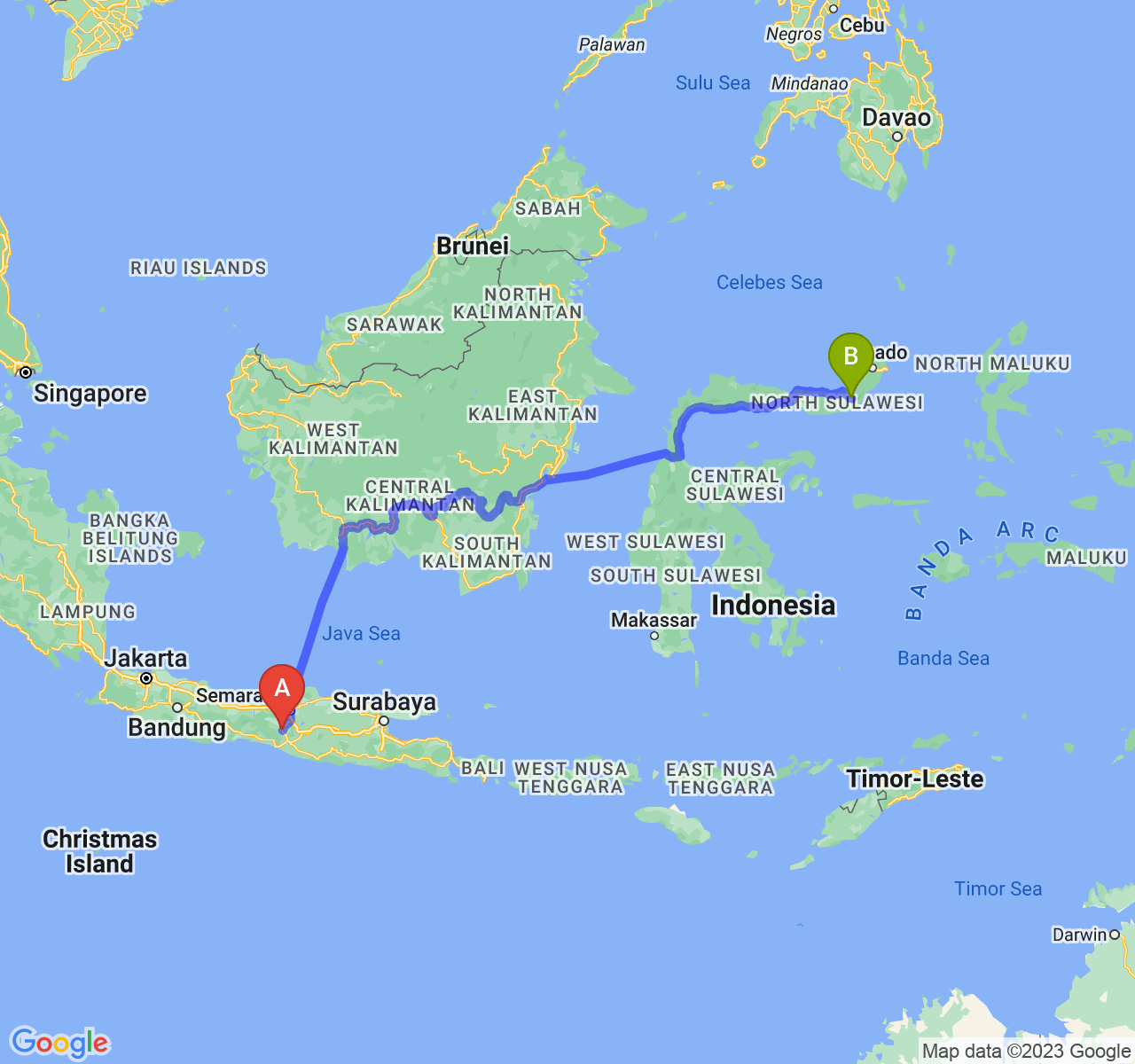 rute perjalanan Kota Magelang-Kota Kotamobagu