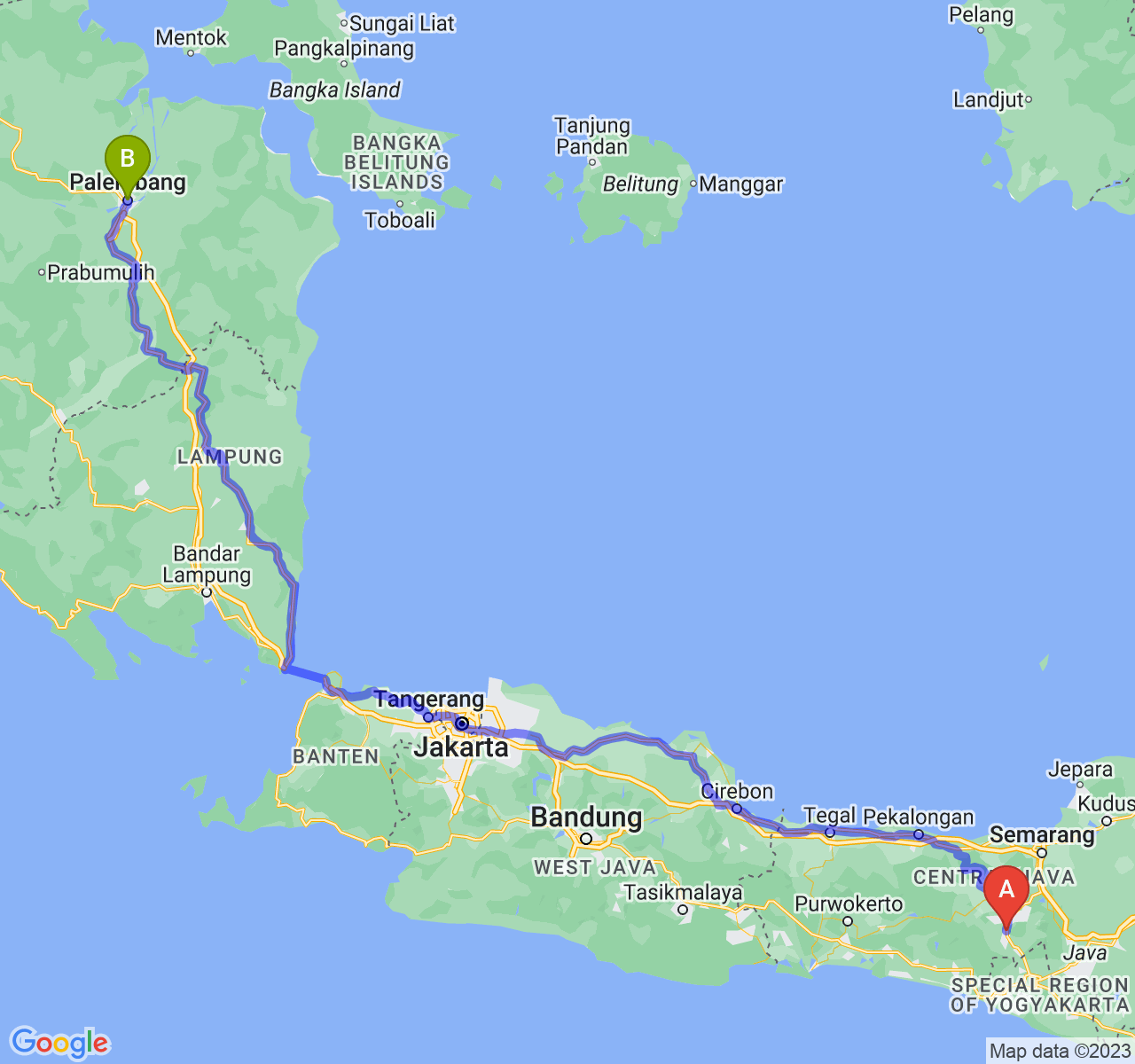 rute perjalanan Kota Magelang-Kota Palembang