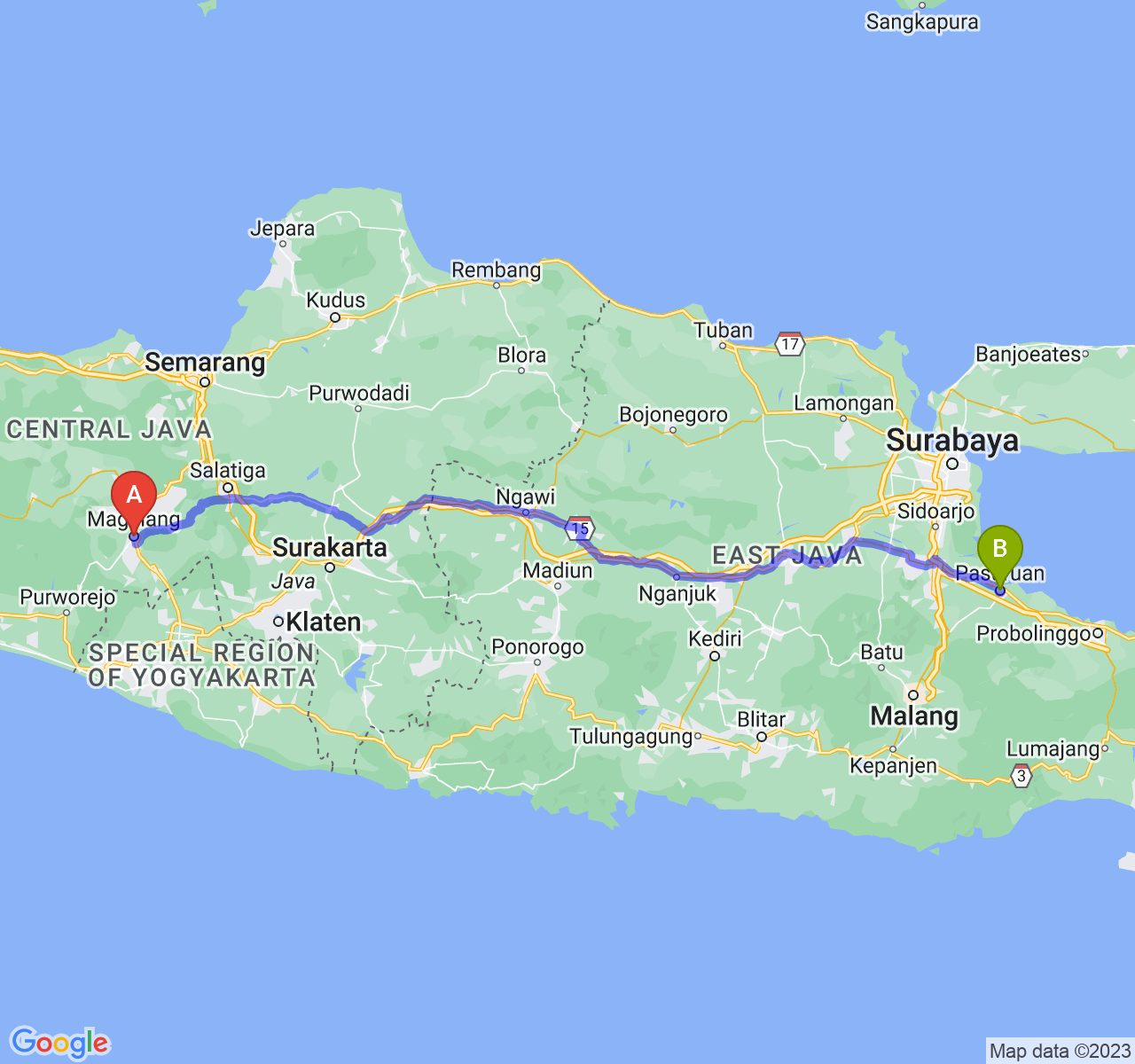 rute perjalanan Kota Magelang-Kota Pasuruan