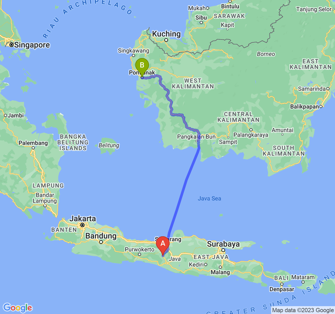 rute perjalanan Kota Magelang-Kota Pontianak