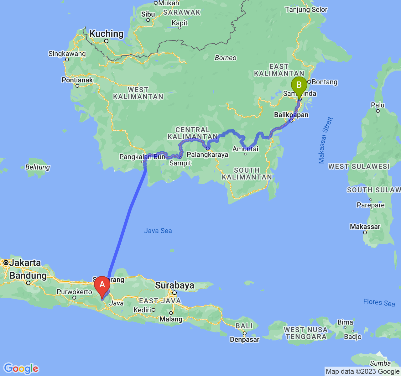 rute perjalanan Kota Magelang-Kota Samarinda