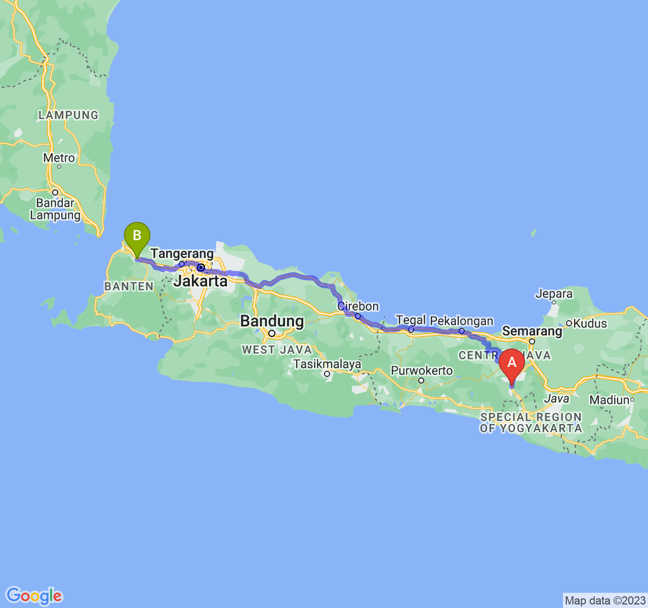 rute perjalanan Kota Magelang-Kota Serang