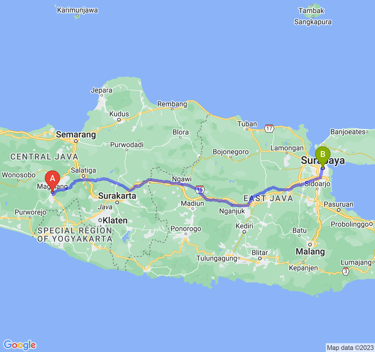 rute perjalanan Kota Magelang-Kota Surabaya