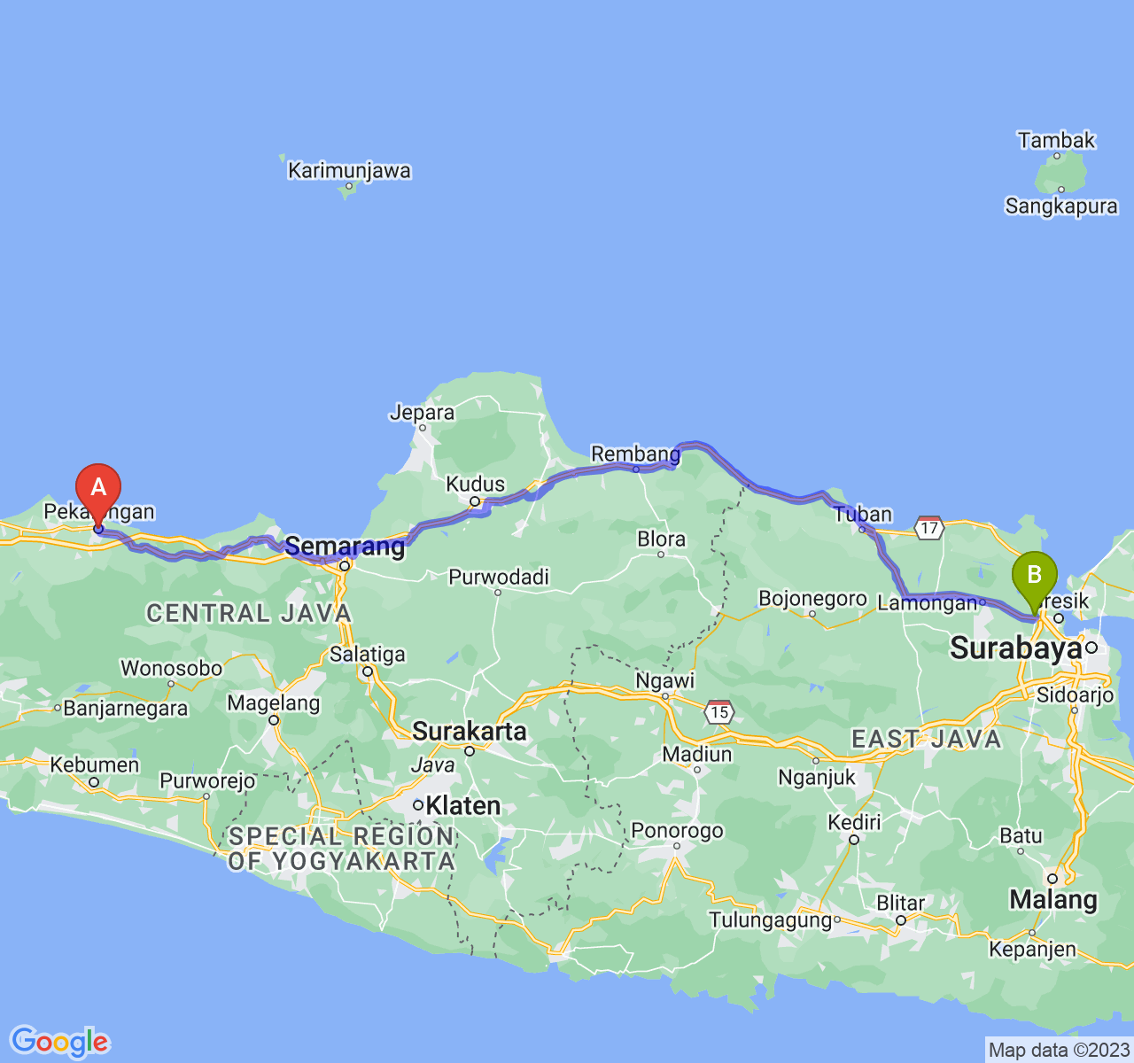 rute perjalanan Kota Pekalongan-Kab. Gresik