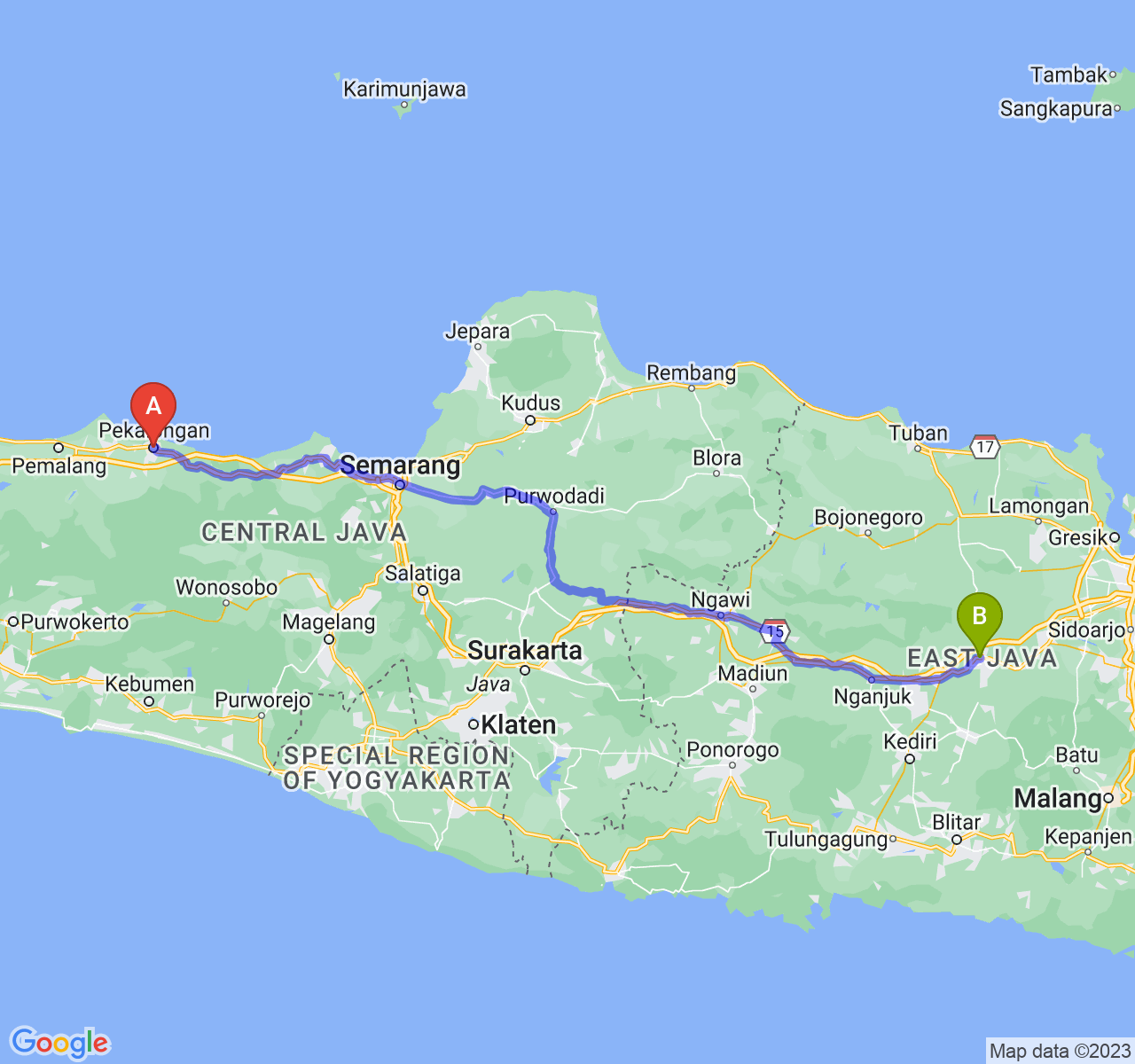 rute perjalanan Kota Pekalongan-Kab. Jombang