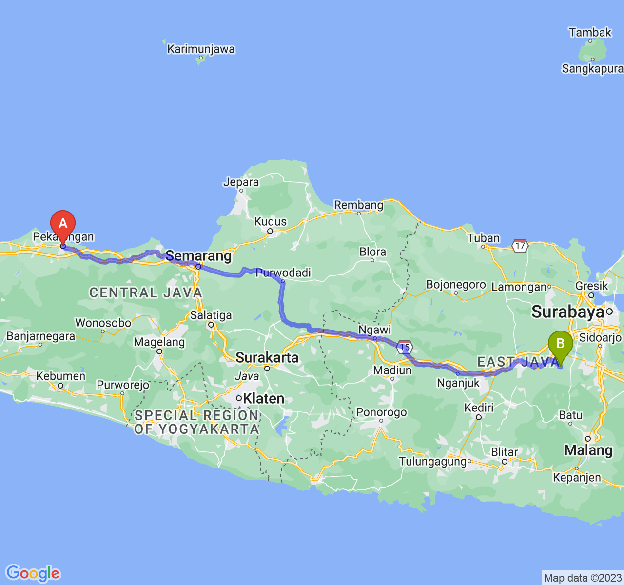 rute perjalanan Kota Pekalongan-Kab. Mojokerto