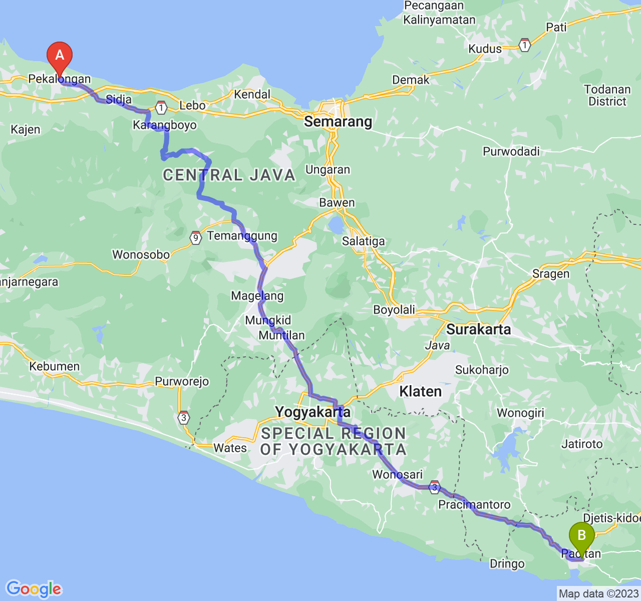 rute perjalanan Kota Pekalongan-Kab. Pacitan