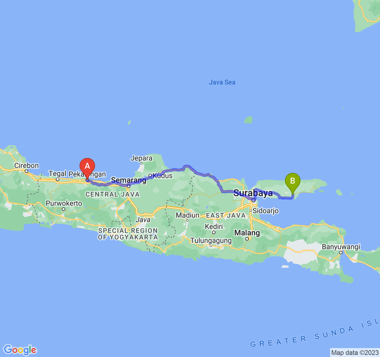 rute perjalanan Kota Pekalongan-Kab. Pamekasan