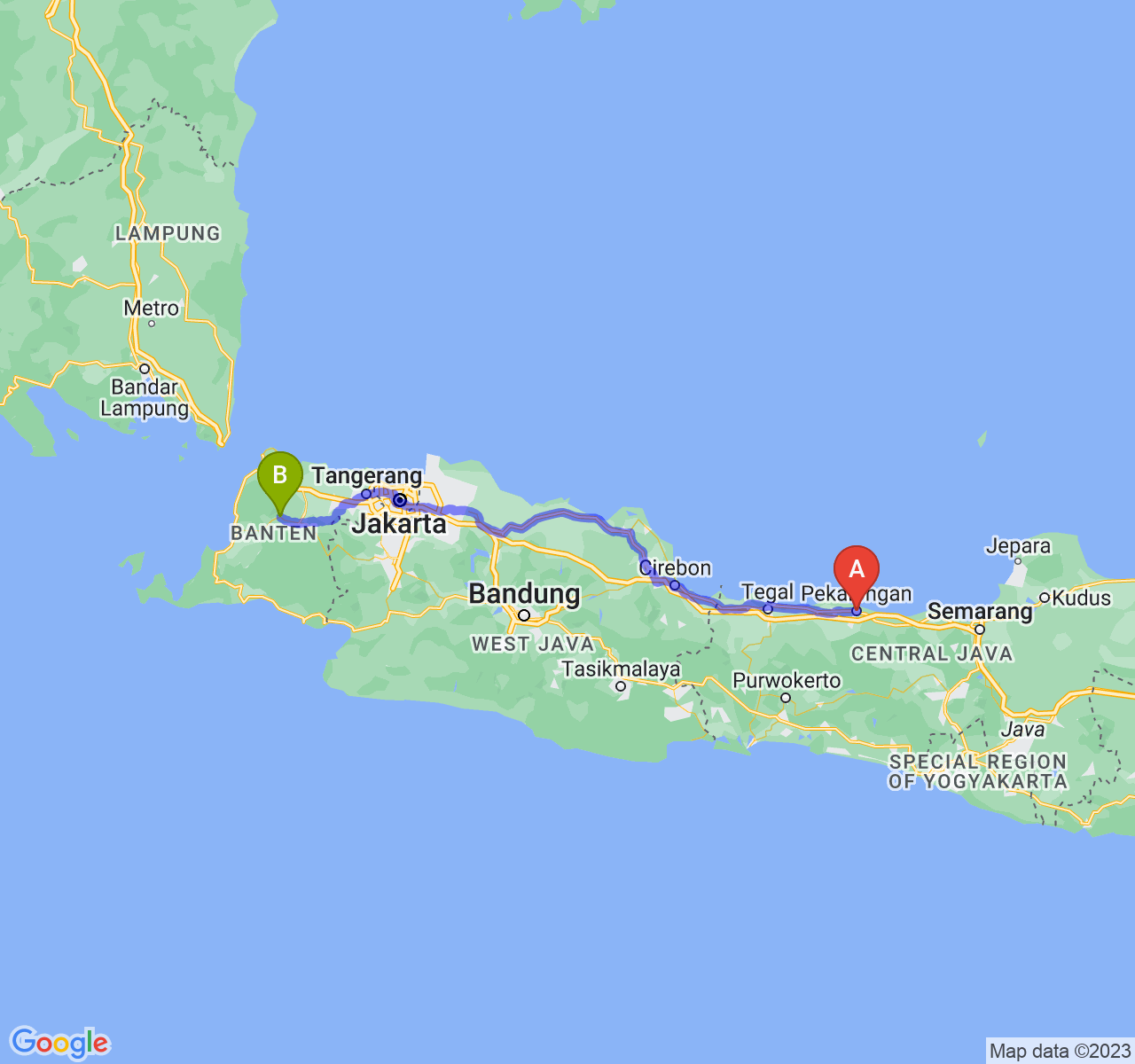 rute perjalanan Kota Pekalongan-Kab. Pandeglang