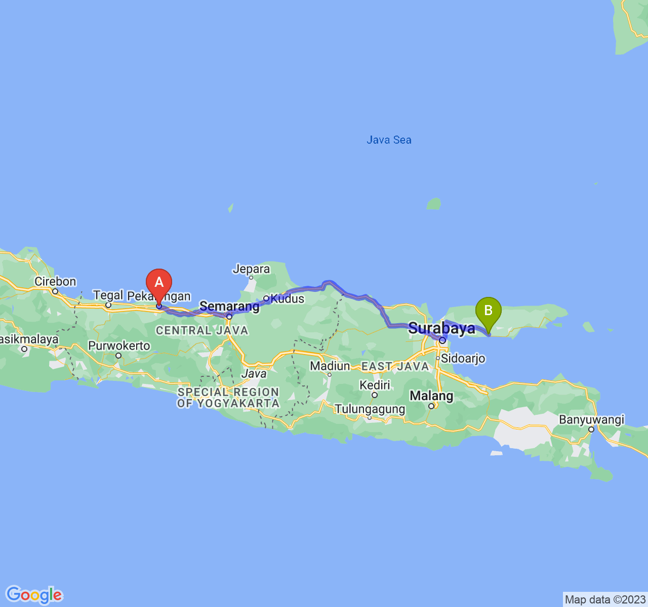 rute perjalanan Kota Pekalongan-Kab. Sampang