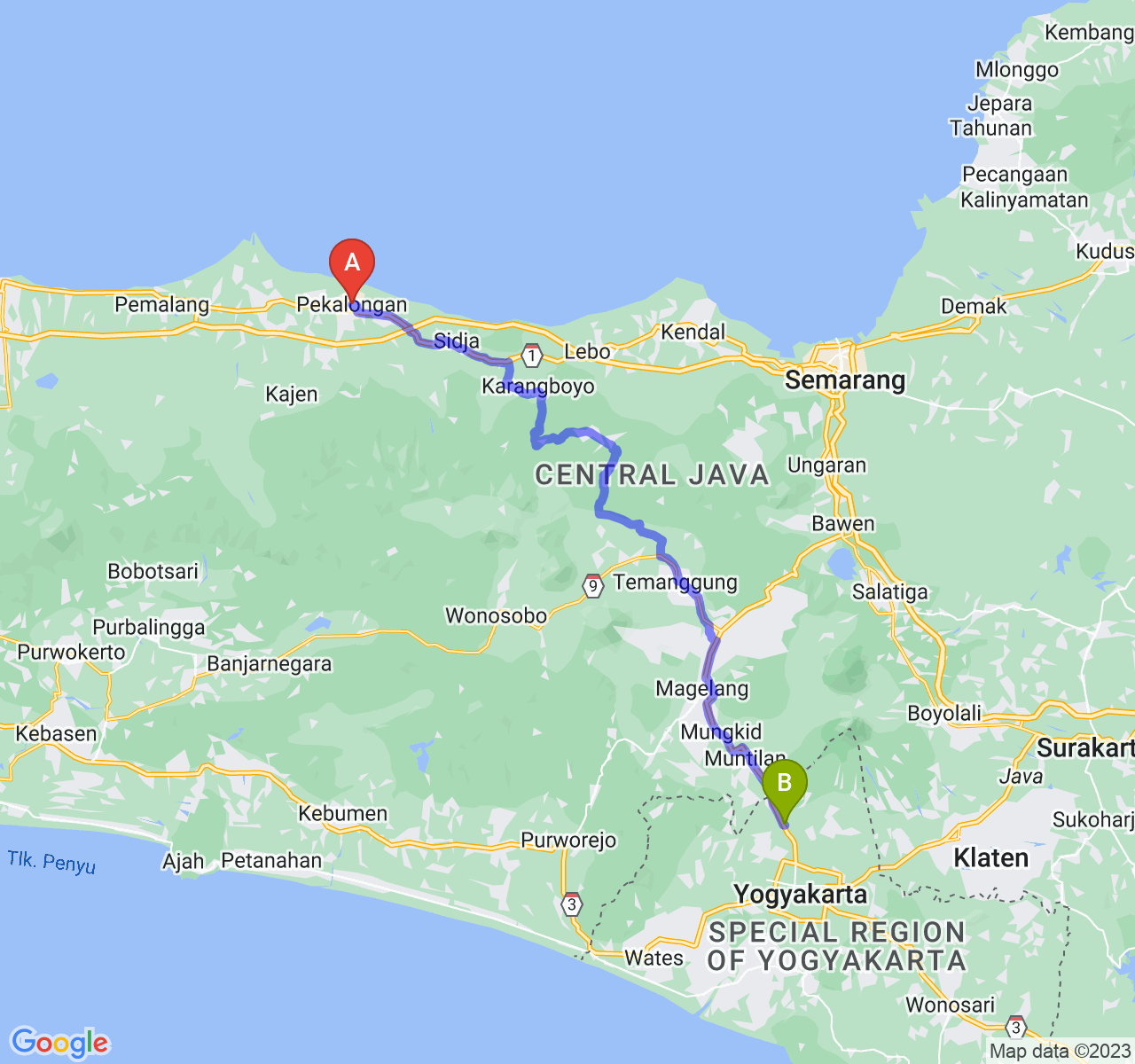 rute perjalanan Kota Pekalongan-Kab. Sleman