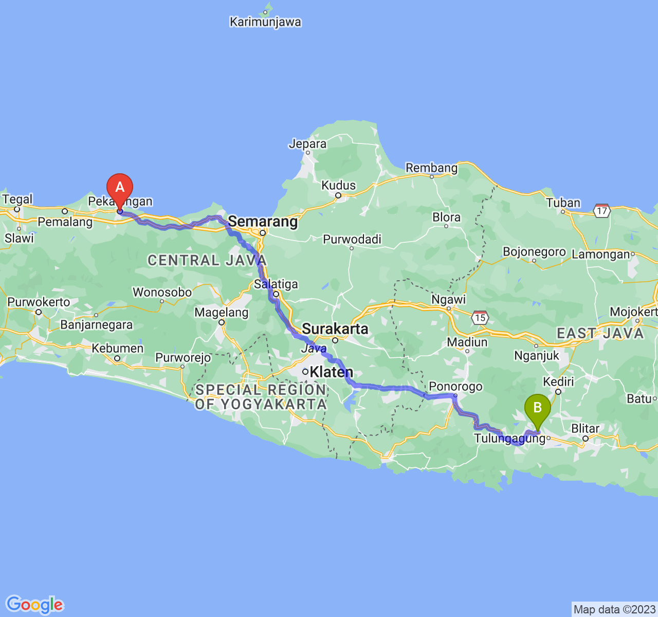 rute perjalanan Kota Pekalongan-Kab. Tulungagung