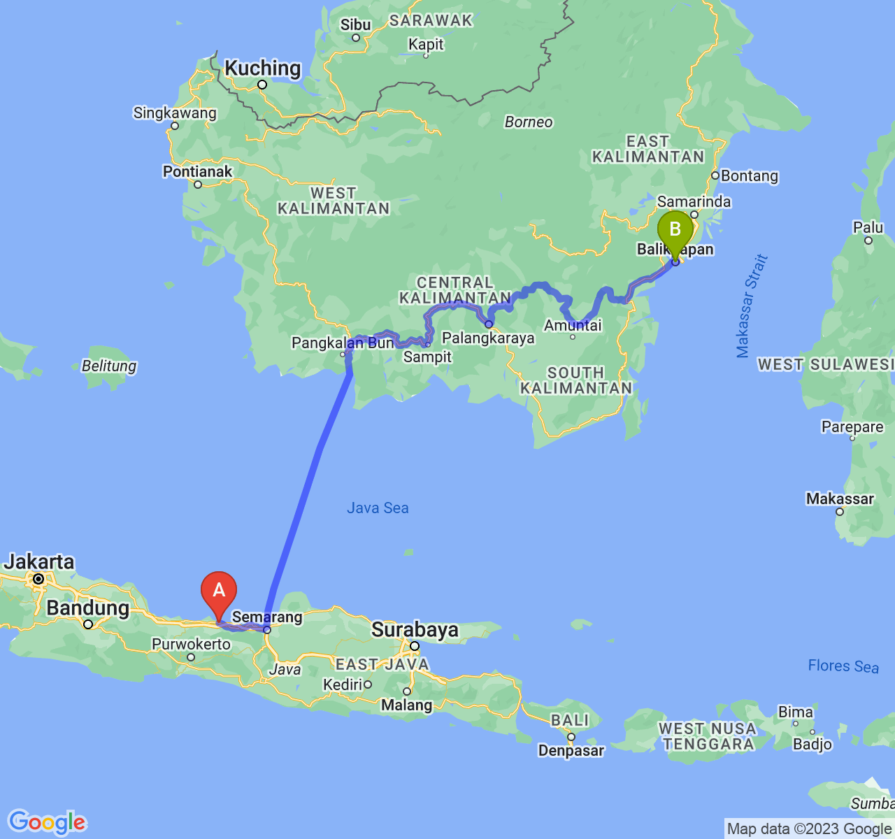 rute perjalanan Kota Pekalongan-Kota Balikpapan