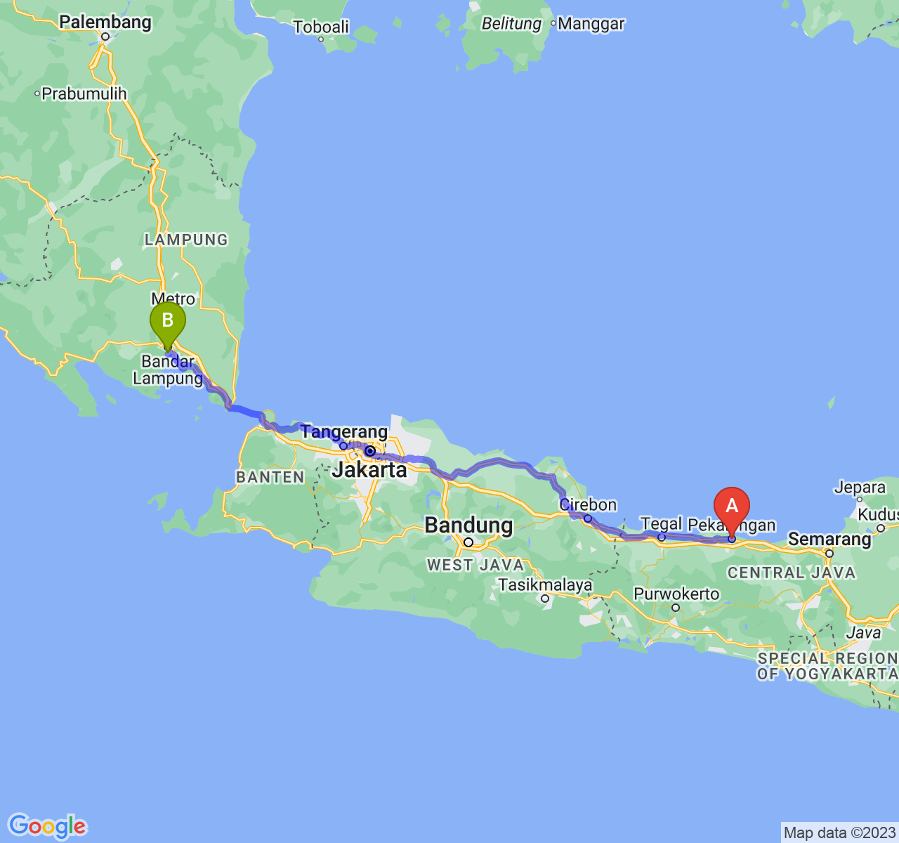 rute perjalanan Kota Pekalongan-Kota Bandar Lampung