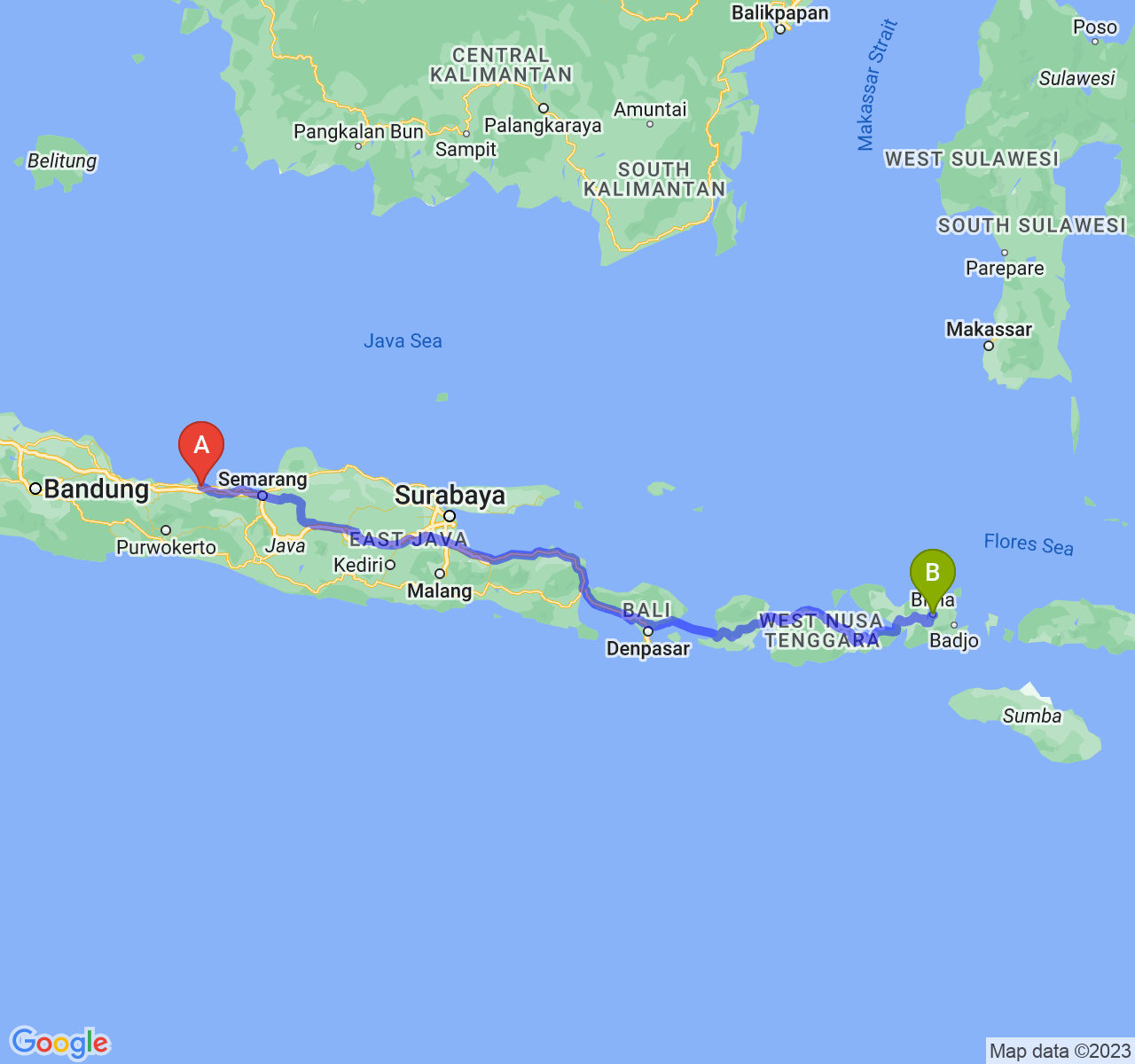 rute perjalanan Kota Pekalongan-Kota Bima