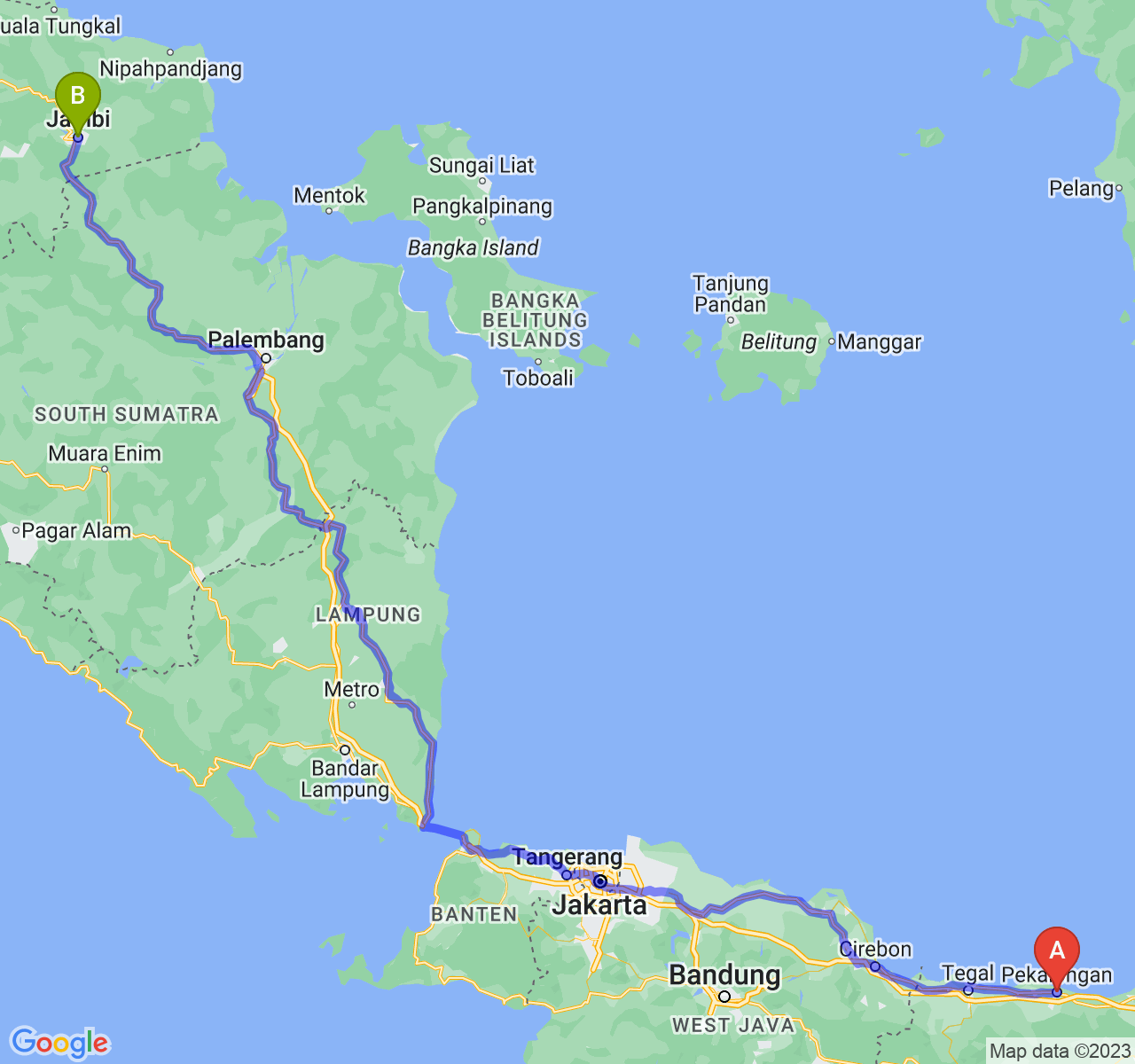 rute perjalanan Kota Pekalongan-Kota Jambi